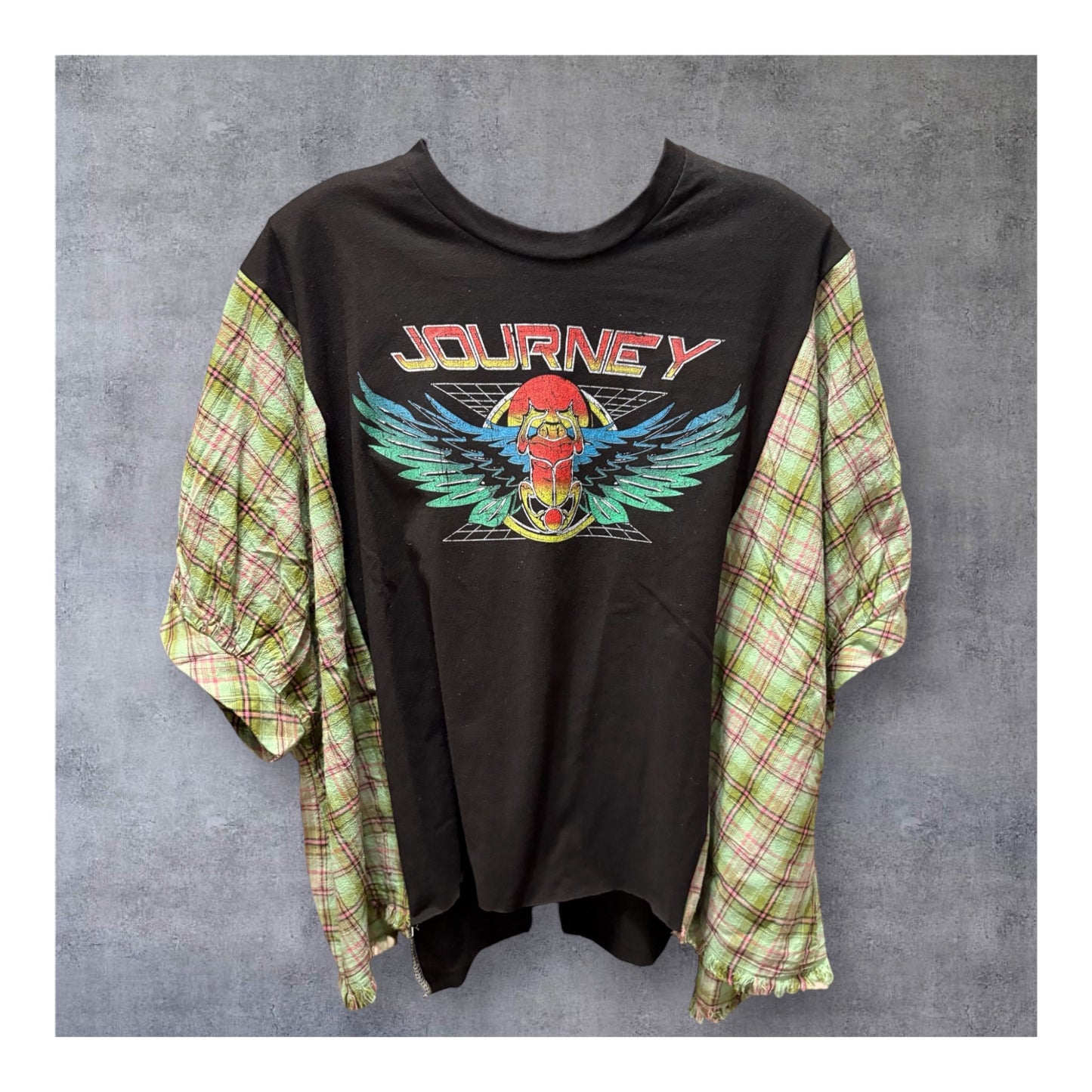 Faithfully Upcycled Drop Sleeve Flannel Tee One Size Fits A Small to Large Oversized