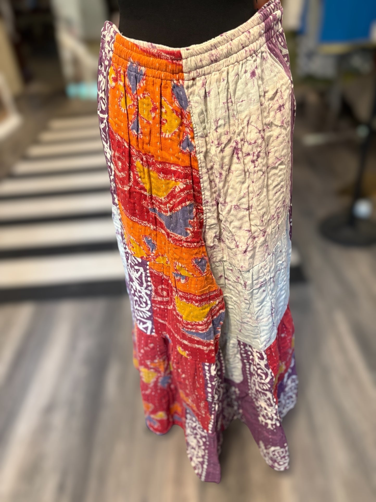 Raven Kantha Flowy Tiered Reversible Palazzo Pant with Pockets: One Size Fits Size 6-16