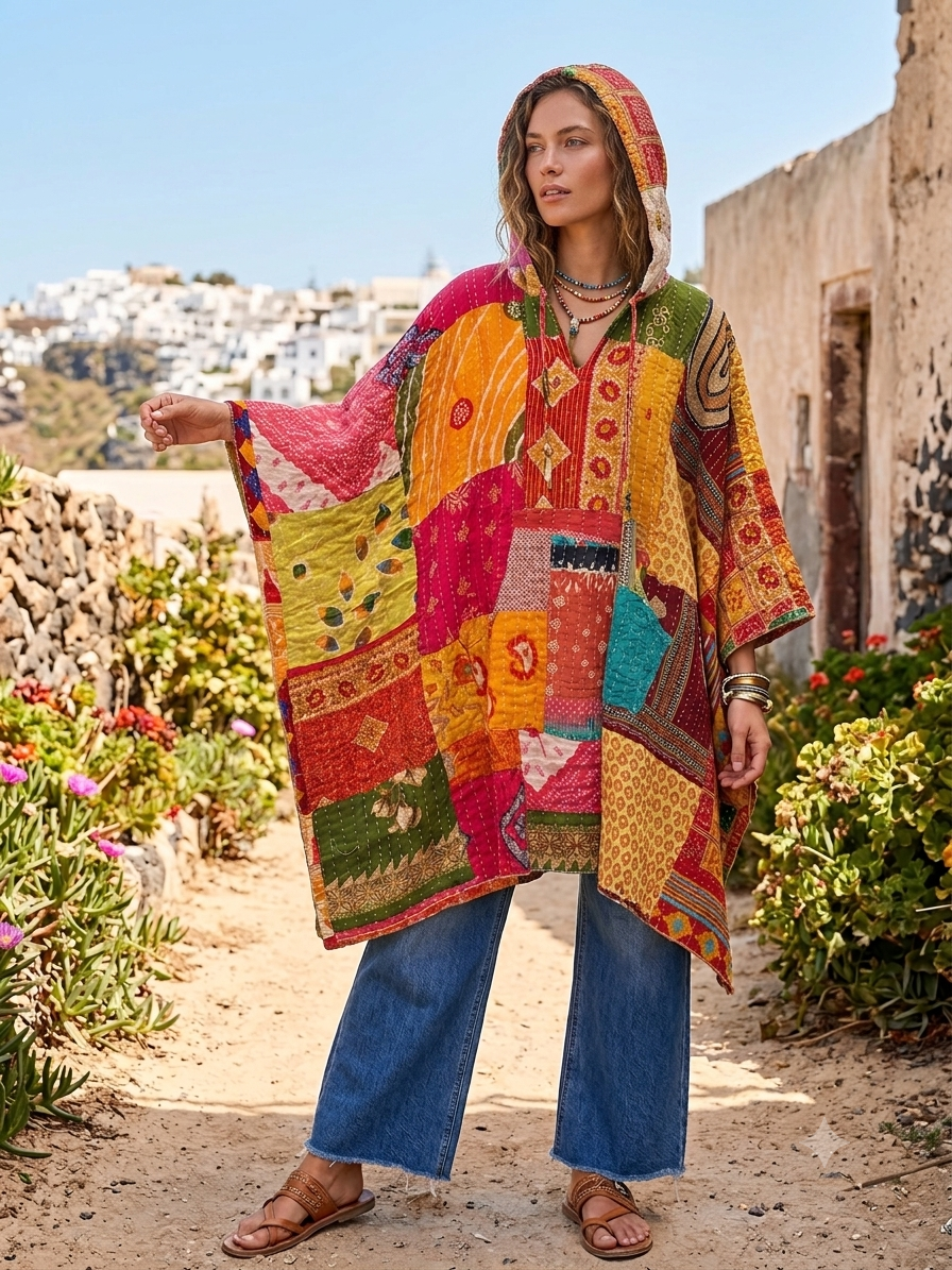 Hope Vintage Kantha Fabric Hood Oversized Poncho Top Dress One Size Fits Most