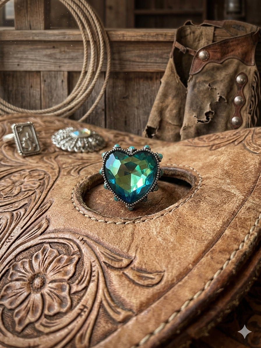 Bling Bling Glass Stone Western  Ring Adjustable: HEART - TURQUOISE