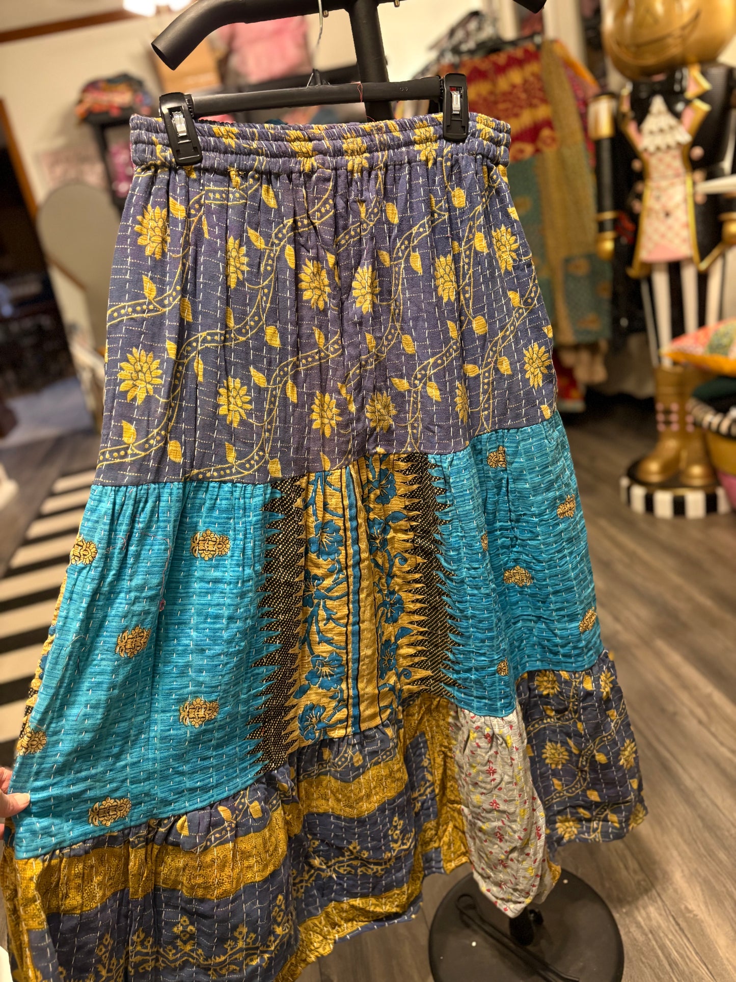 Vintage Kantha Boho Long Maxi Skirt with Pockets