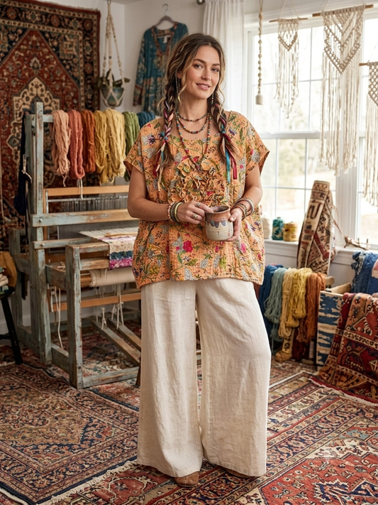 Claire Cabbage Rose Kantha Top One Size Fits a Small to 2X