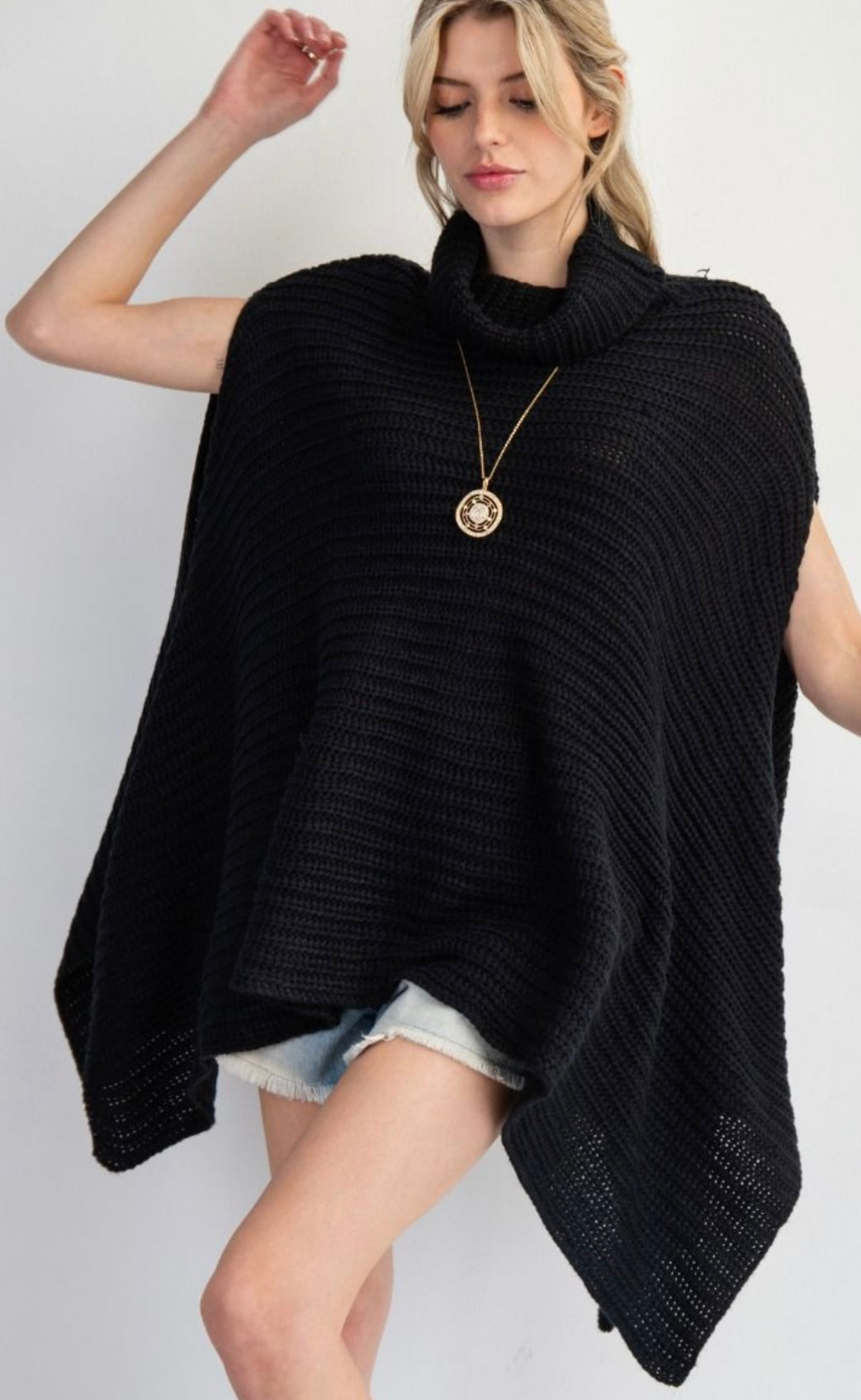 Black Knit Turtleneck Poncho
