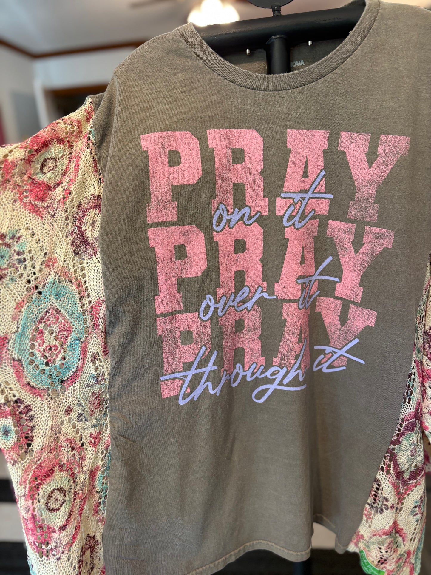 Pray Upcycled Drop-Sleeve Crochet Sweater One Size Fits a Small to 3X