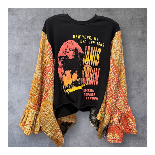 Janis Upcycled Vintage Kantha Quilt FLARE SLEEVE Poncho Tee One Size Fits a Small to Large
