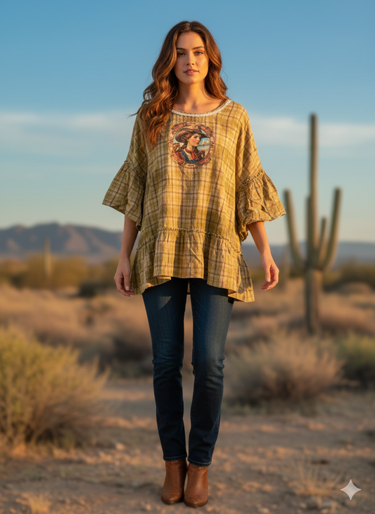 Country Life Upcycled Ruffle Plaid Top OVERSIZED Fits a 2-3X