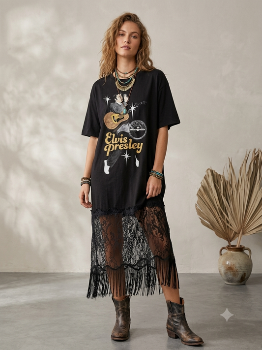 Sun Studio King Lace and Fringe  Bottom Tee Dress OVERSIZED Fits a Small and XXL