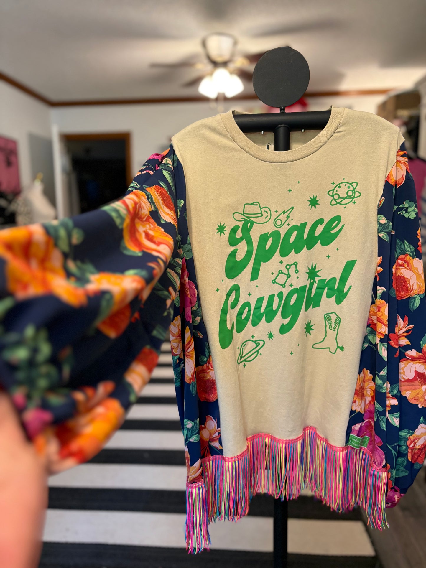 Space Cowgirl Upcycled Drop-Sleeve Tee  with Fringe One Size Fits a Small to XXL