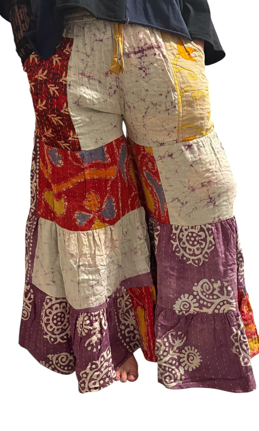 Raven Kantha Flowy Tiered Reversible Palazzo Pant with Pockets: One Size Fits Size 6-16