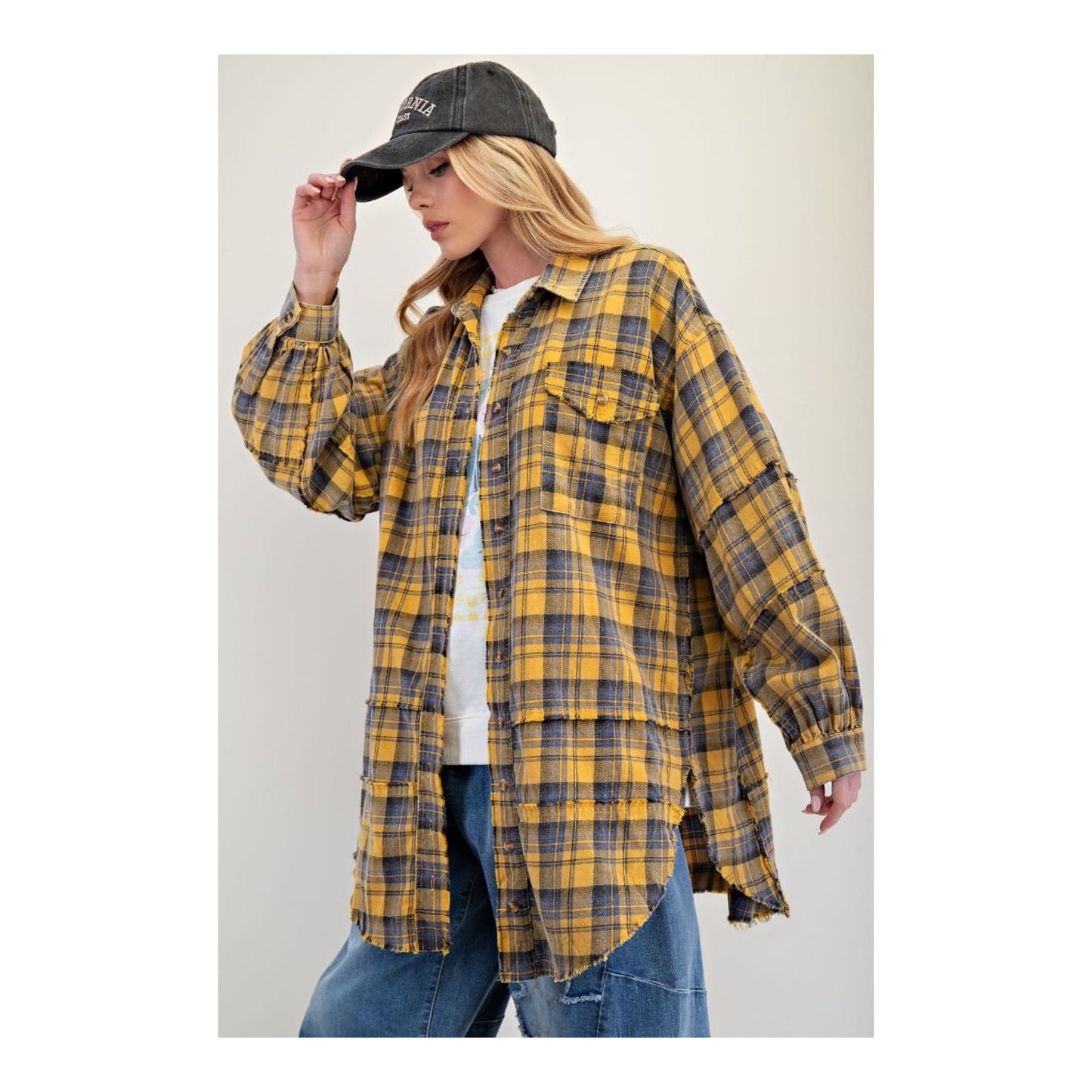 Yellow Plaid Frayed Long Flannel