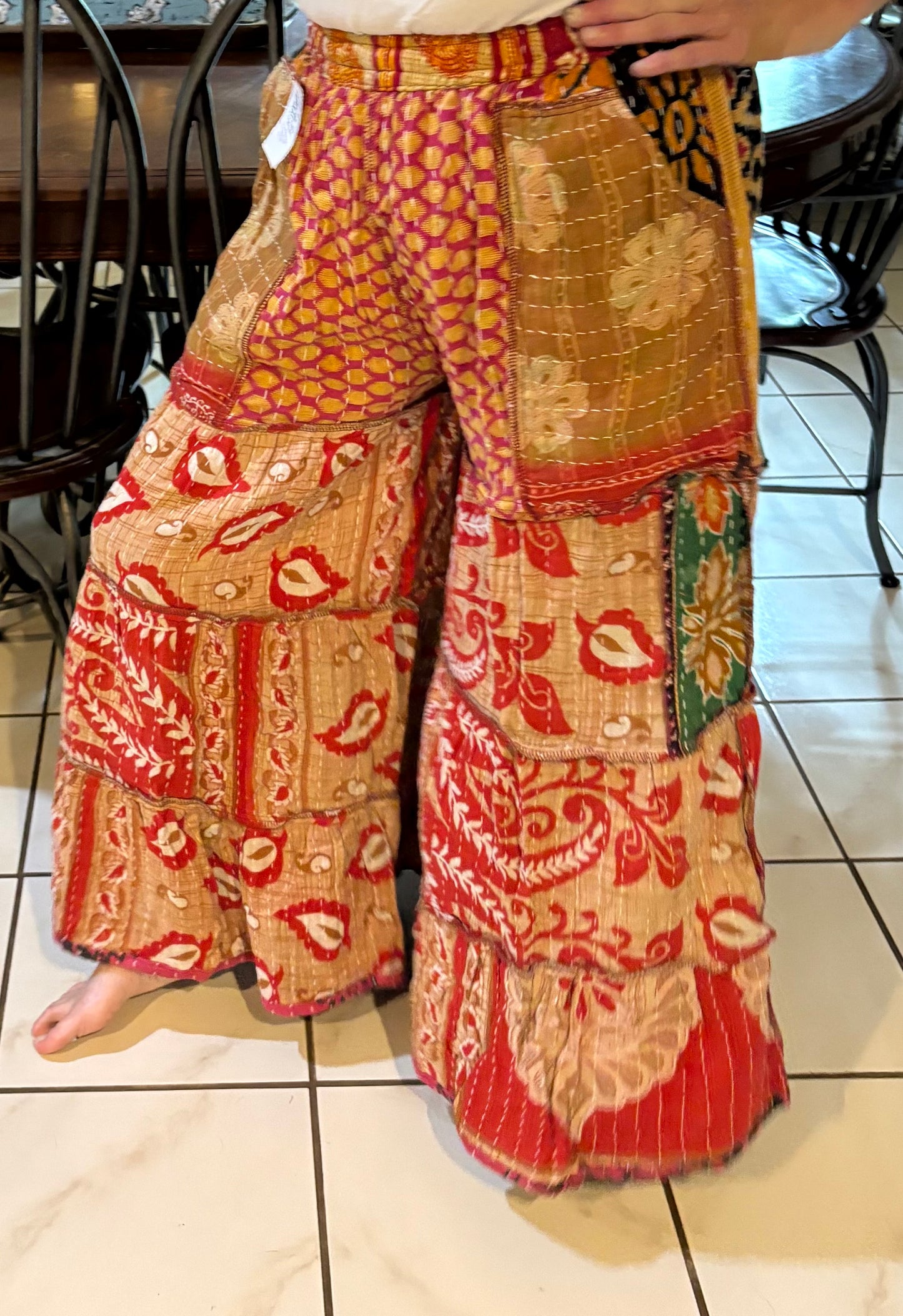Kantha Flowy Tiered Reversible Palazzo Pant with Pockets: One Size Fits Size 6-16