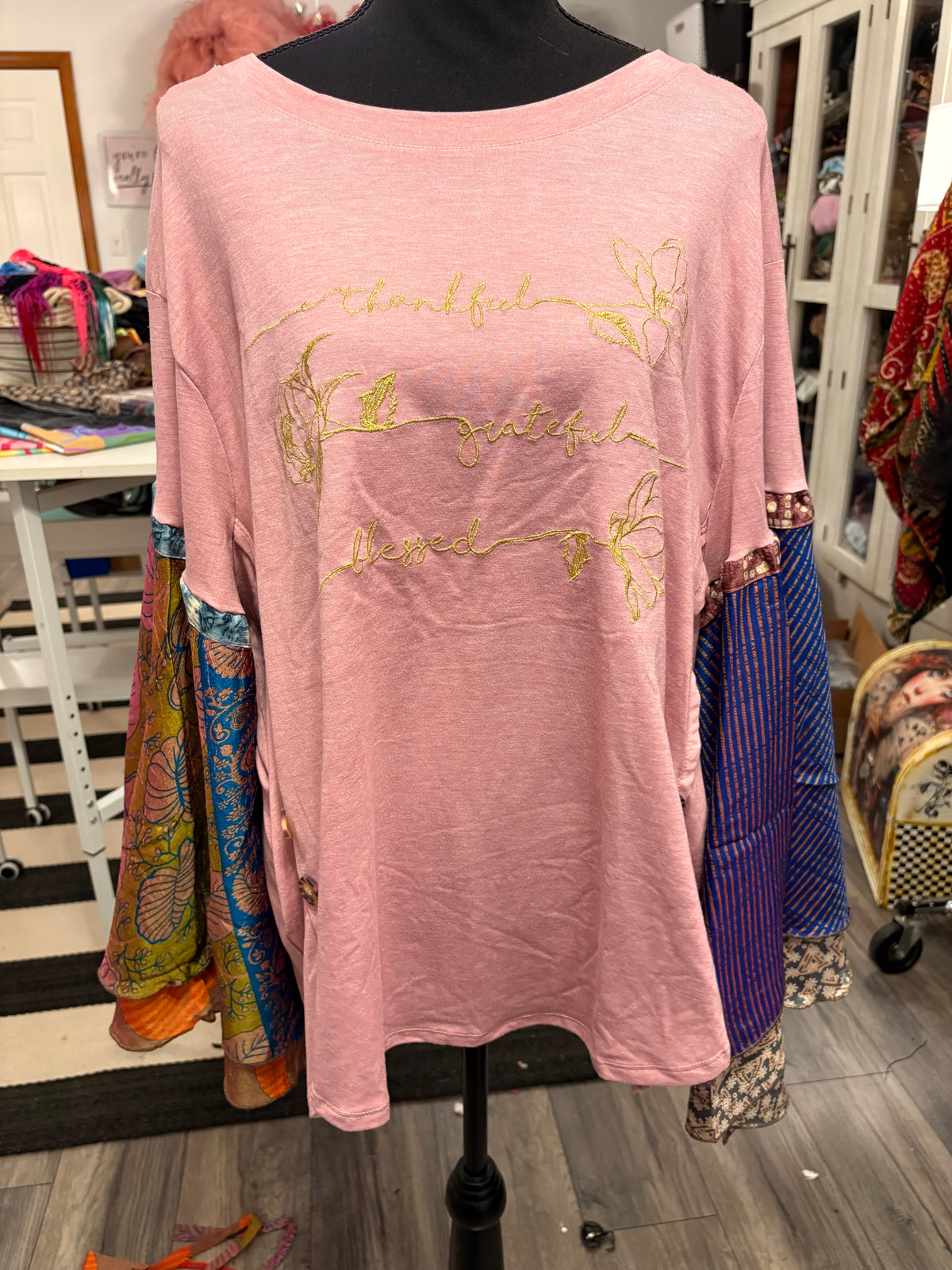 Thankful and Blessed Glam Sleeve Embroidered Tee Fits an XXL to 3X