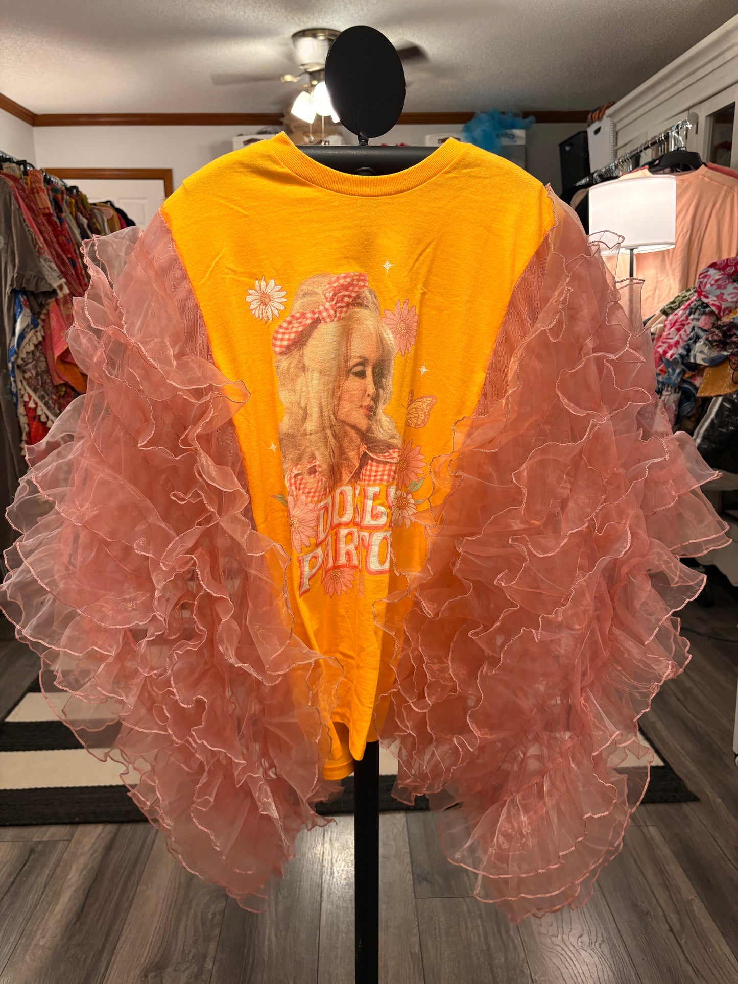 Dolly in Pink Rockstar Ruffle Top One Size Fits a Small to XXL