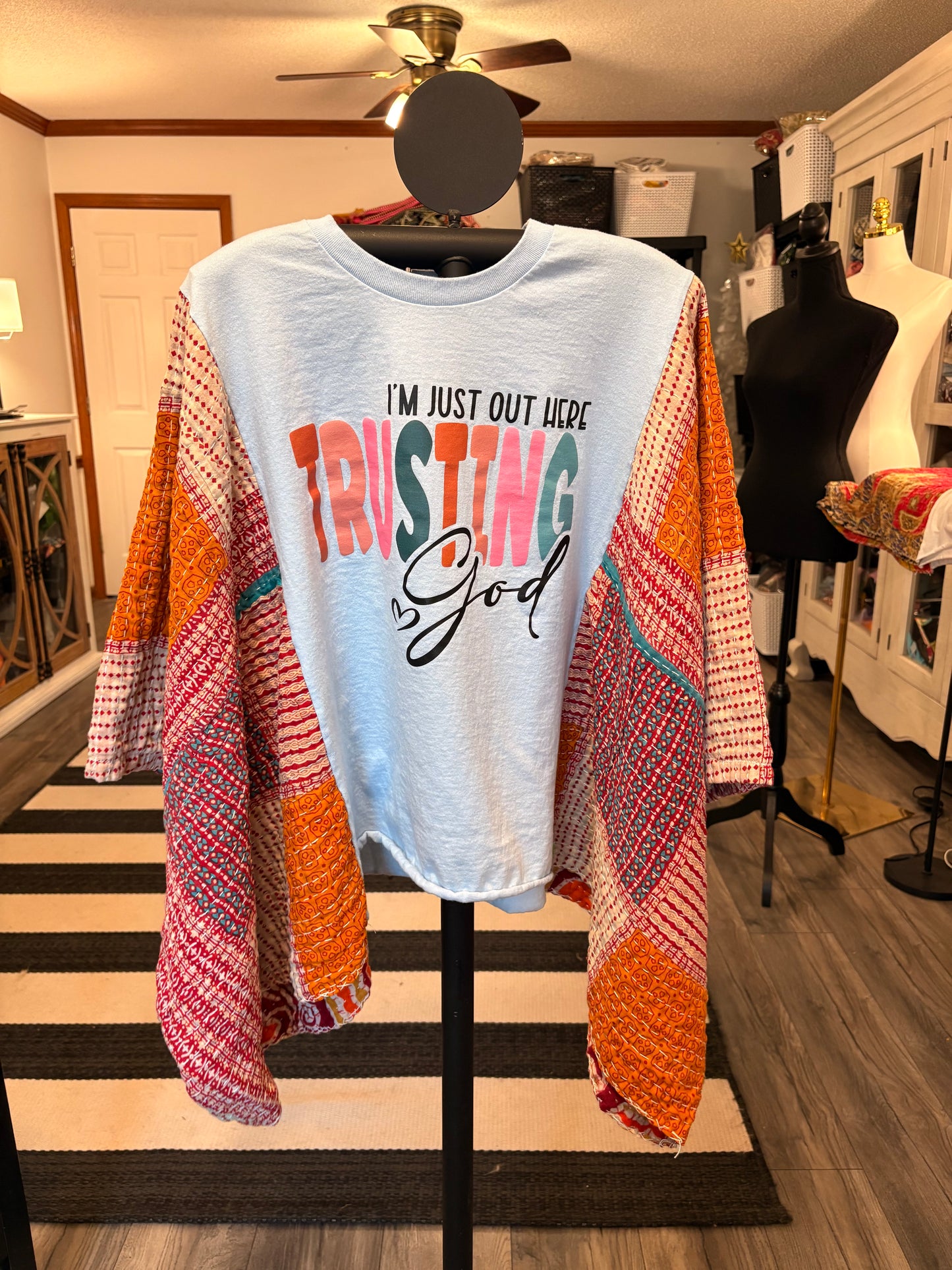 Trusting GOD Upcycled Vintage Kantha Quilt Poncho Tee One Size Fits a Small to XL