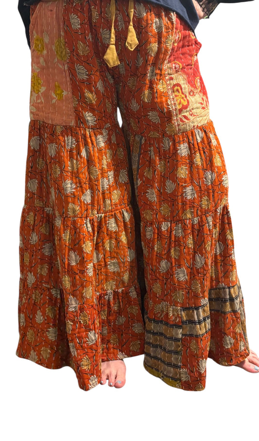 Emily Kantha Flowy Tiered Reversible Palazzo Pant with Pockets: One Size Fits Size 6-16