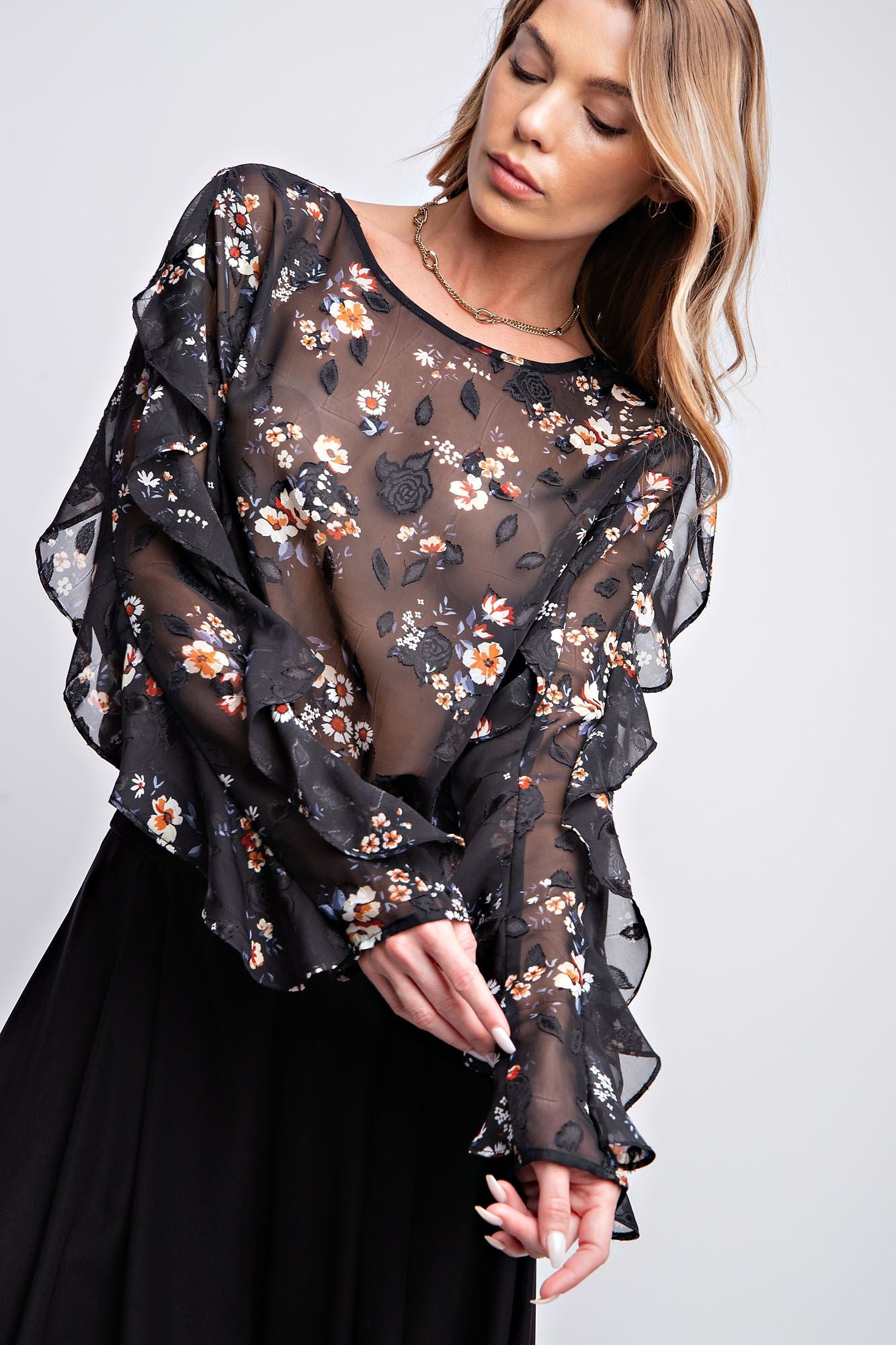 Burnout Floral Printed Chiffon Blouse Plus Size