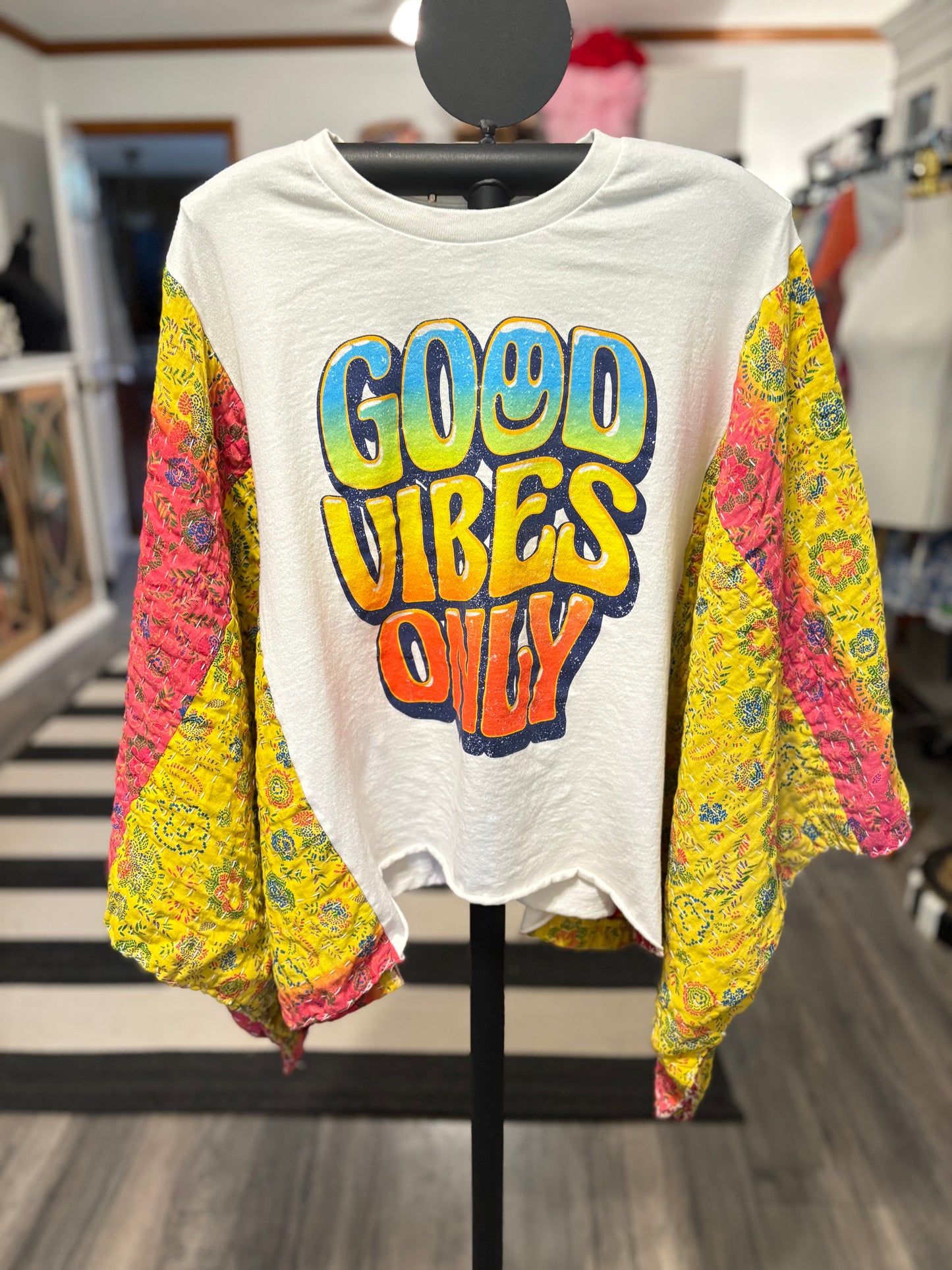 Good Vibes Upcycled Vintage Kantha Poncho Tee Fits A Size Small to XXL