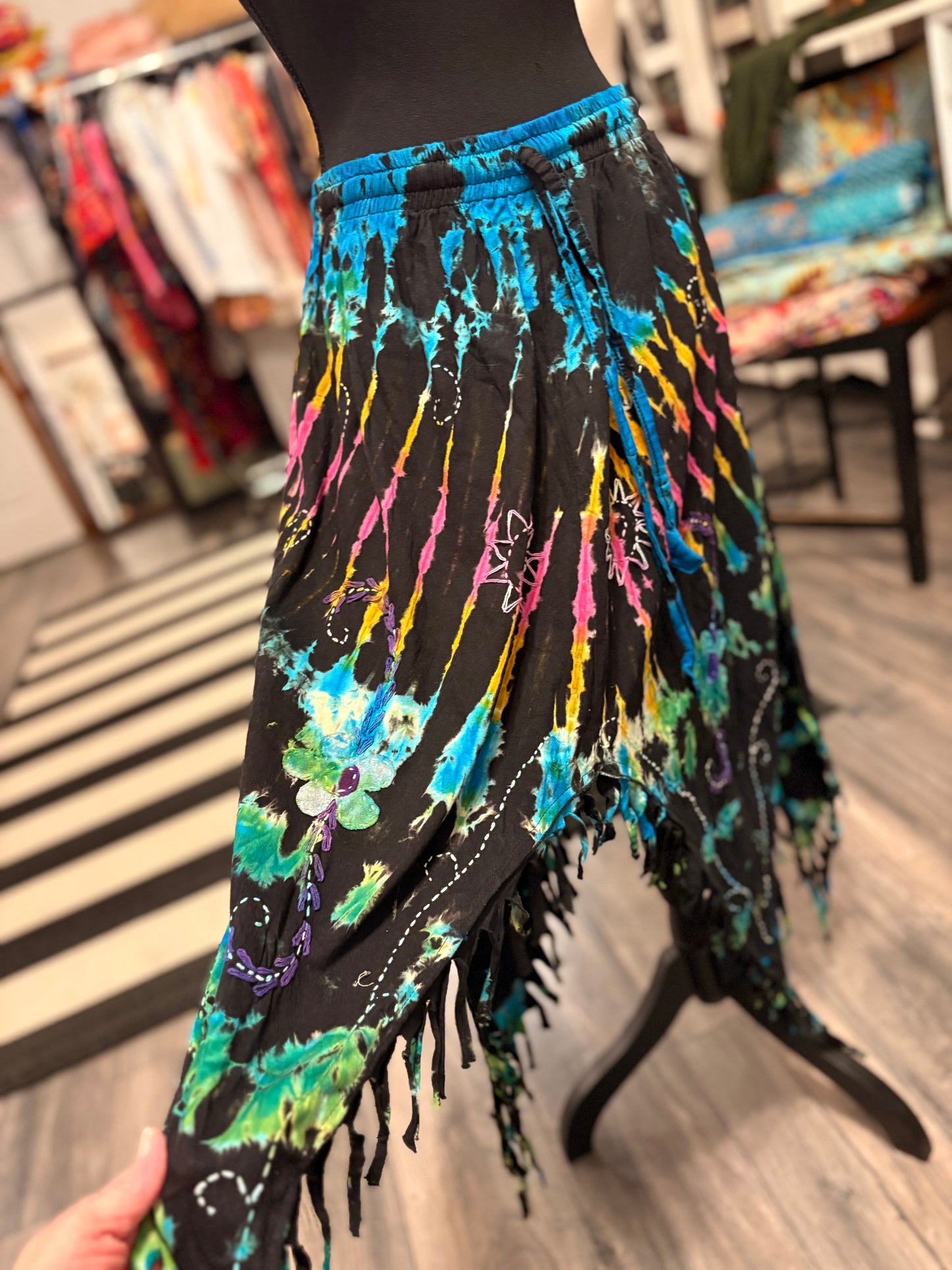 Blue Fairy Cotton Hippie Handmade Floral Embroidered Stone Washed Fringe Skirt: Tie Dye One Size Fits Small to XL