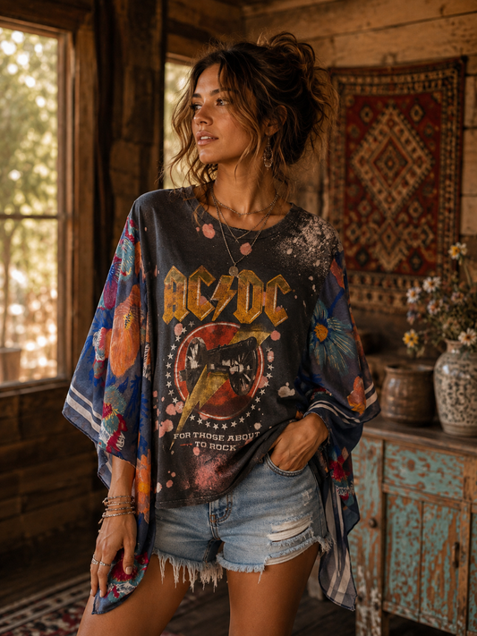 AC/DC Upcycled Kimono Tee One Size Fits a Small to XXL
