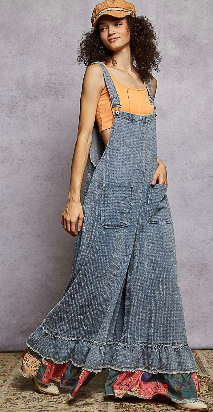 Striped Denim Ruffled Bottom Overalls