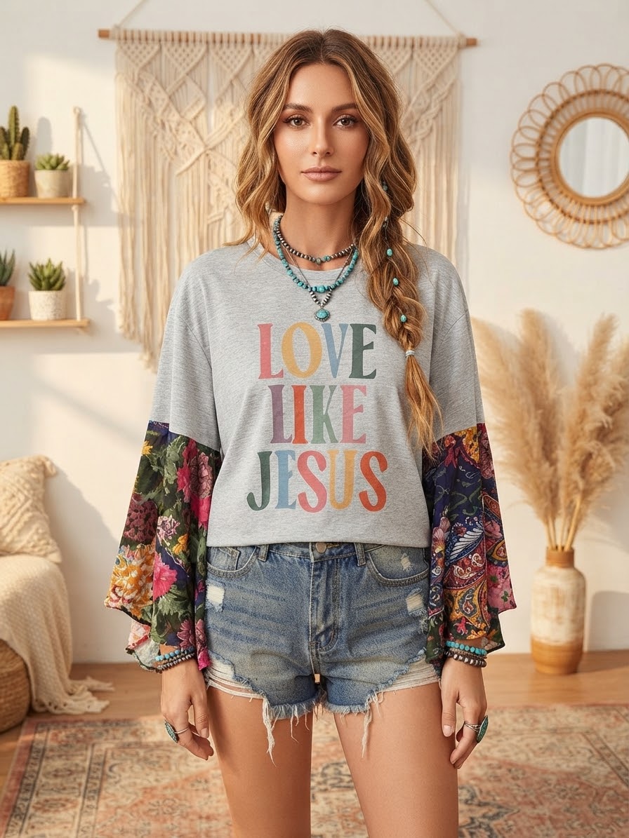 Love Like Jesus Glam Sleeve Tee Fits a Small to Large