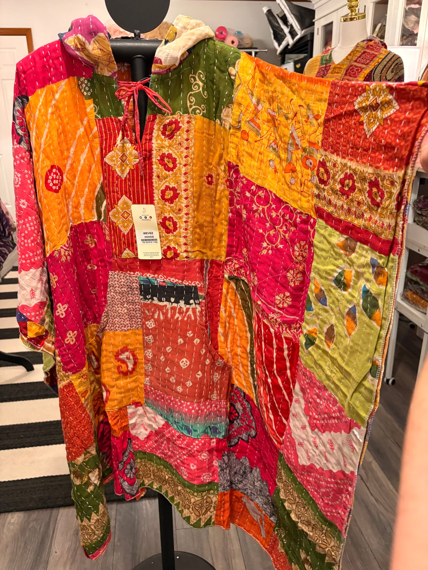 Hope Vintage Kantha Fabric Hood Oversized Poncho Top Dress One Size Fits Most