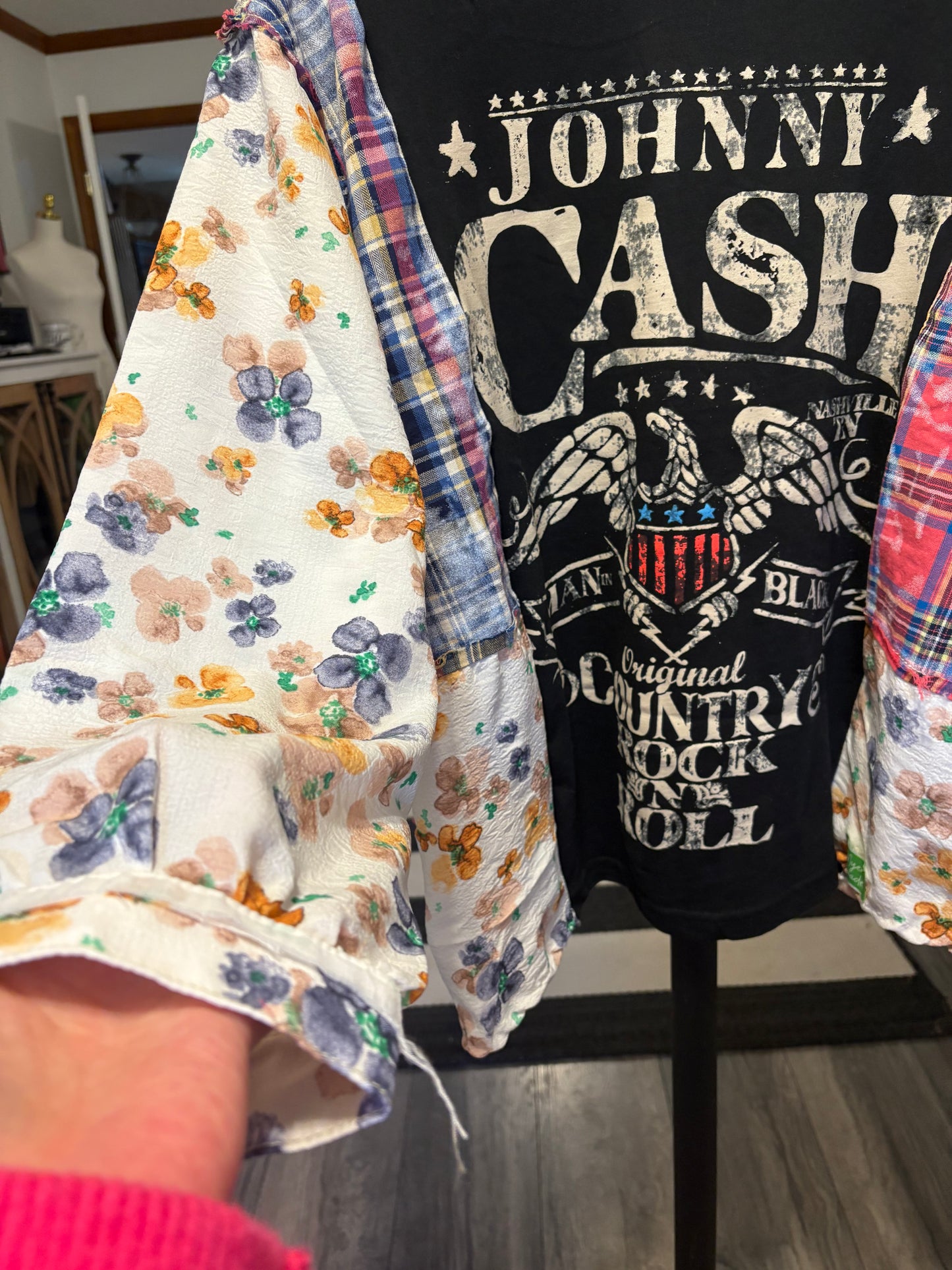 Man in Black Upcycled Frayed Patchwork Tee One Size Fits a Small to Large