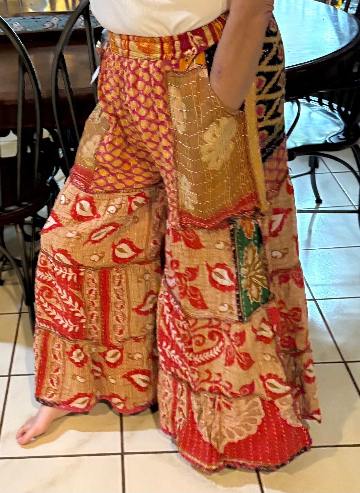 Kantha Flowy Tiered Reversible Palazzo Pant with Pockets: One Size Fits Size 6-16