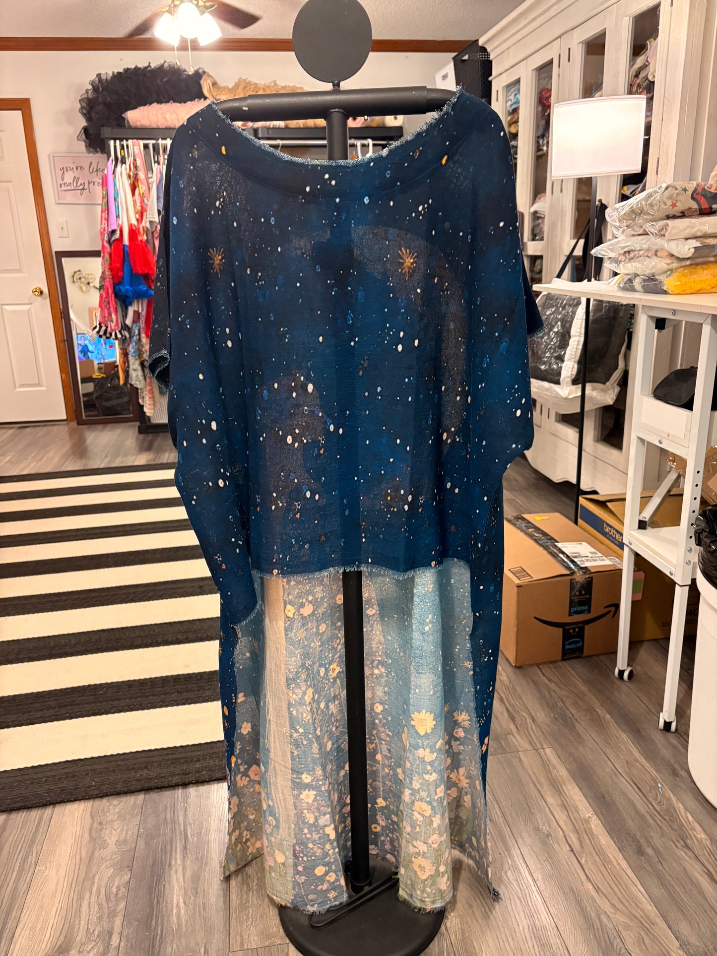 Hi-Lo Tunic with Girl Under Night Sky & Planet Print