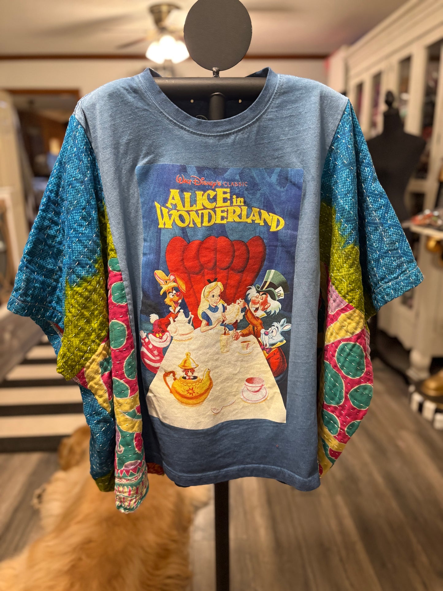 Alice in Wonderland Upcycled Vintage Kantha Poncho Tee Fits A Size Small to XXL