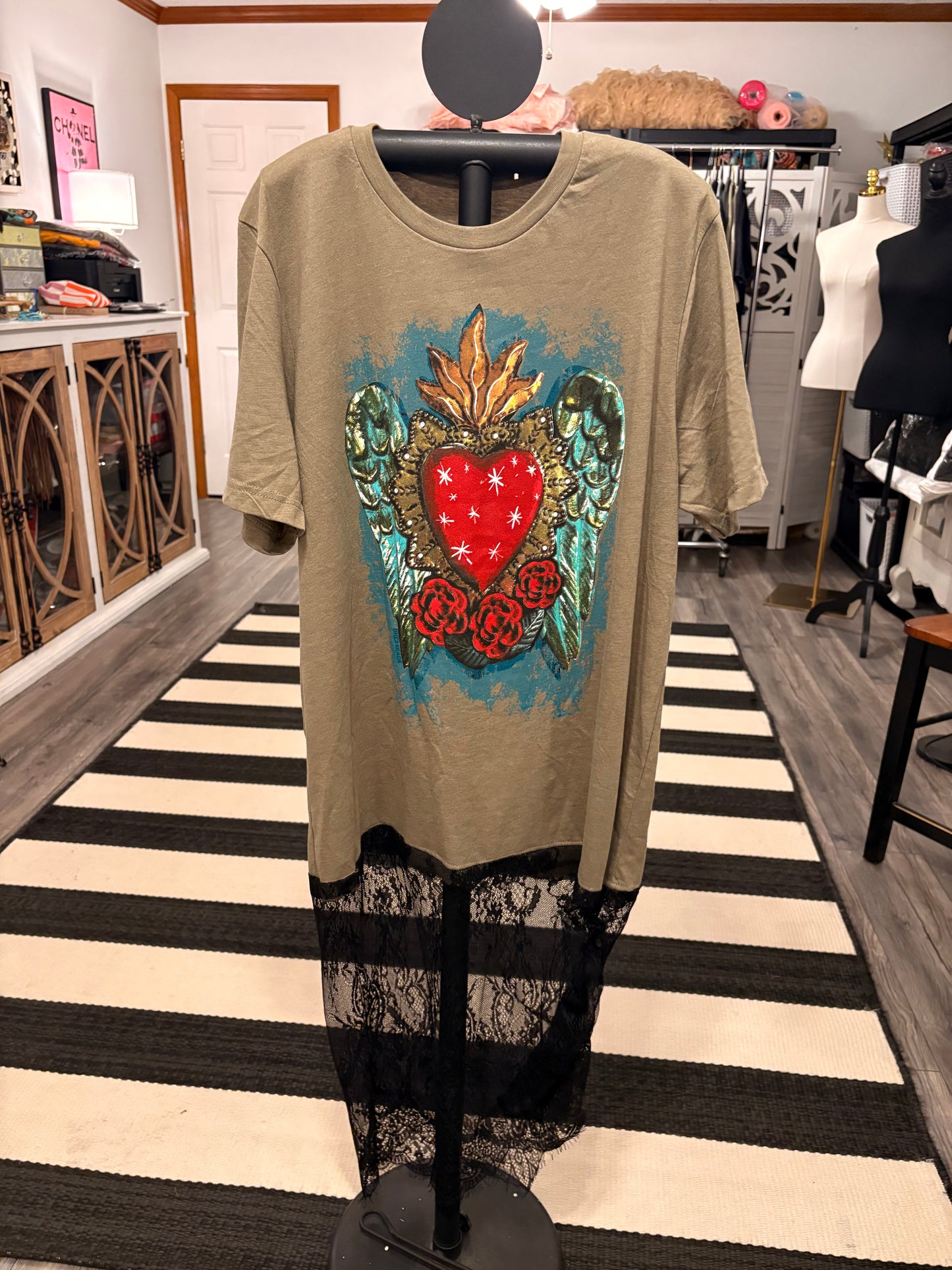 Sacred Heart Lace Bottom Tee Dress OVERSIZED Fits a Small to XL