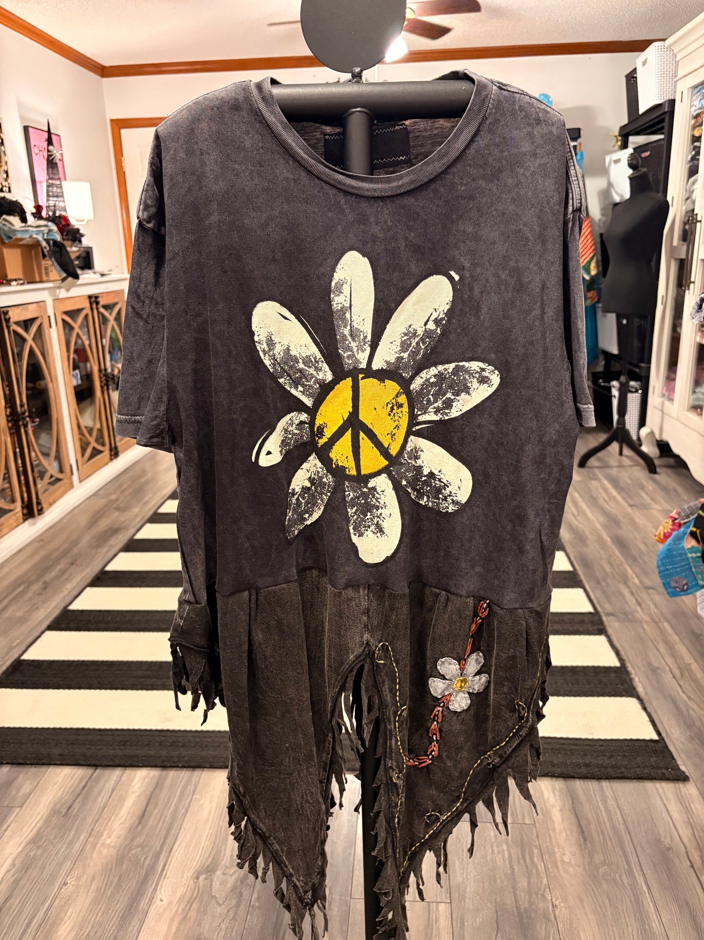 Dirty Daisy Upcycled Fringed Bottom Tee Dress Fits a Small to XL