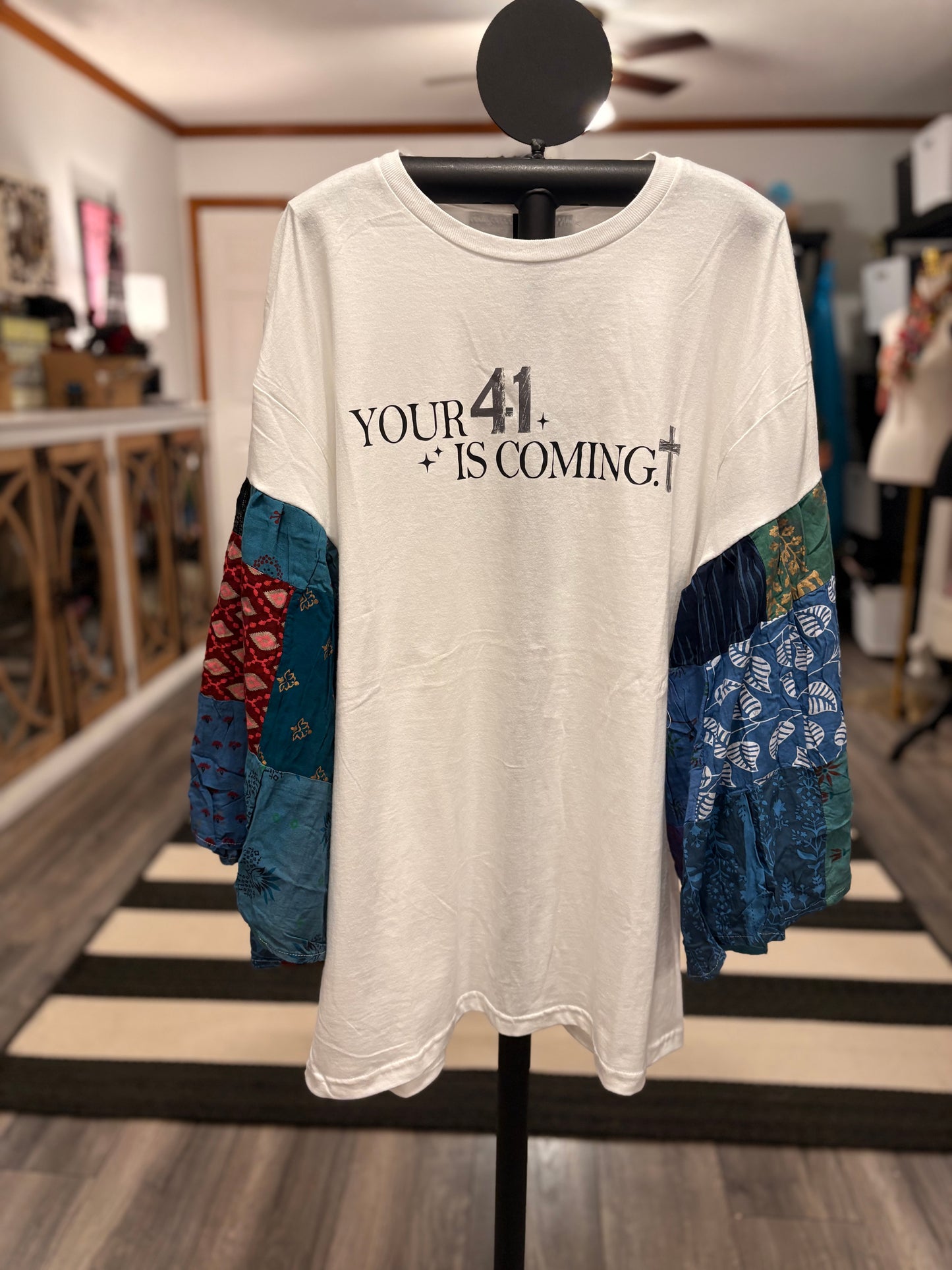 Your 41 is Coming Flare Patchwork Sleeve Tee Fits a Small to XL