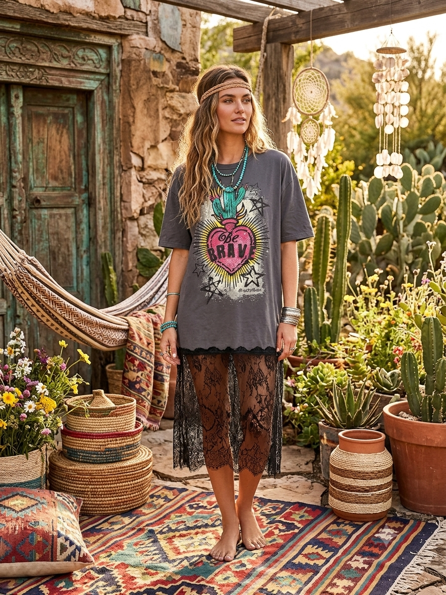 Brave Lace Bottom Tee Dress OVERSIZED Fits a Small to XL