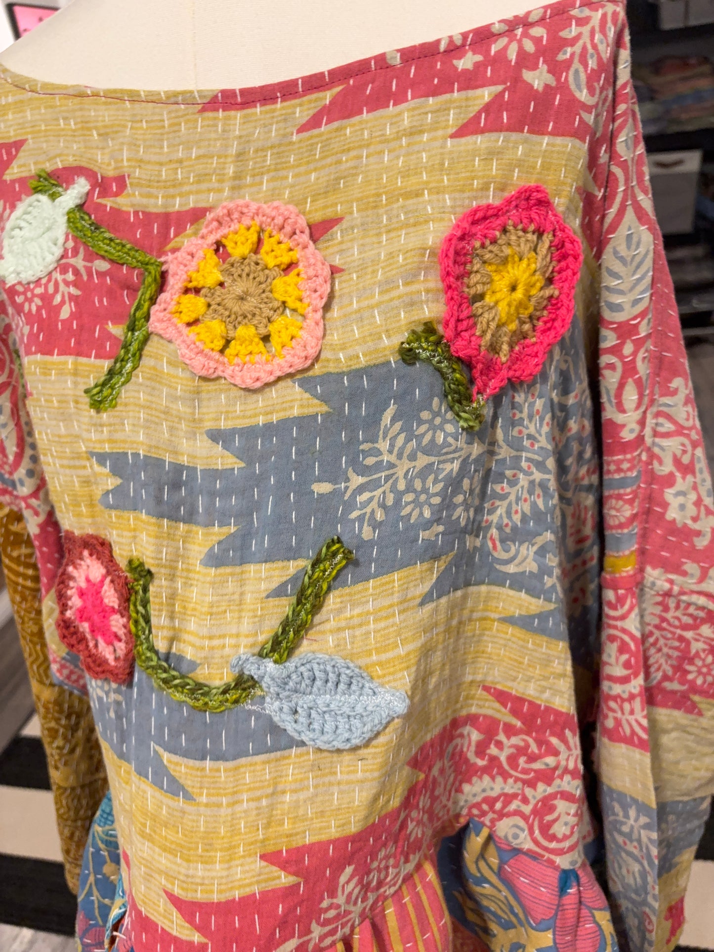 Crochet and Kantha Ruffled Hi/Lo Top