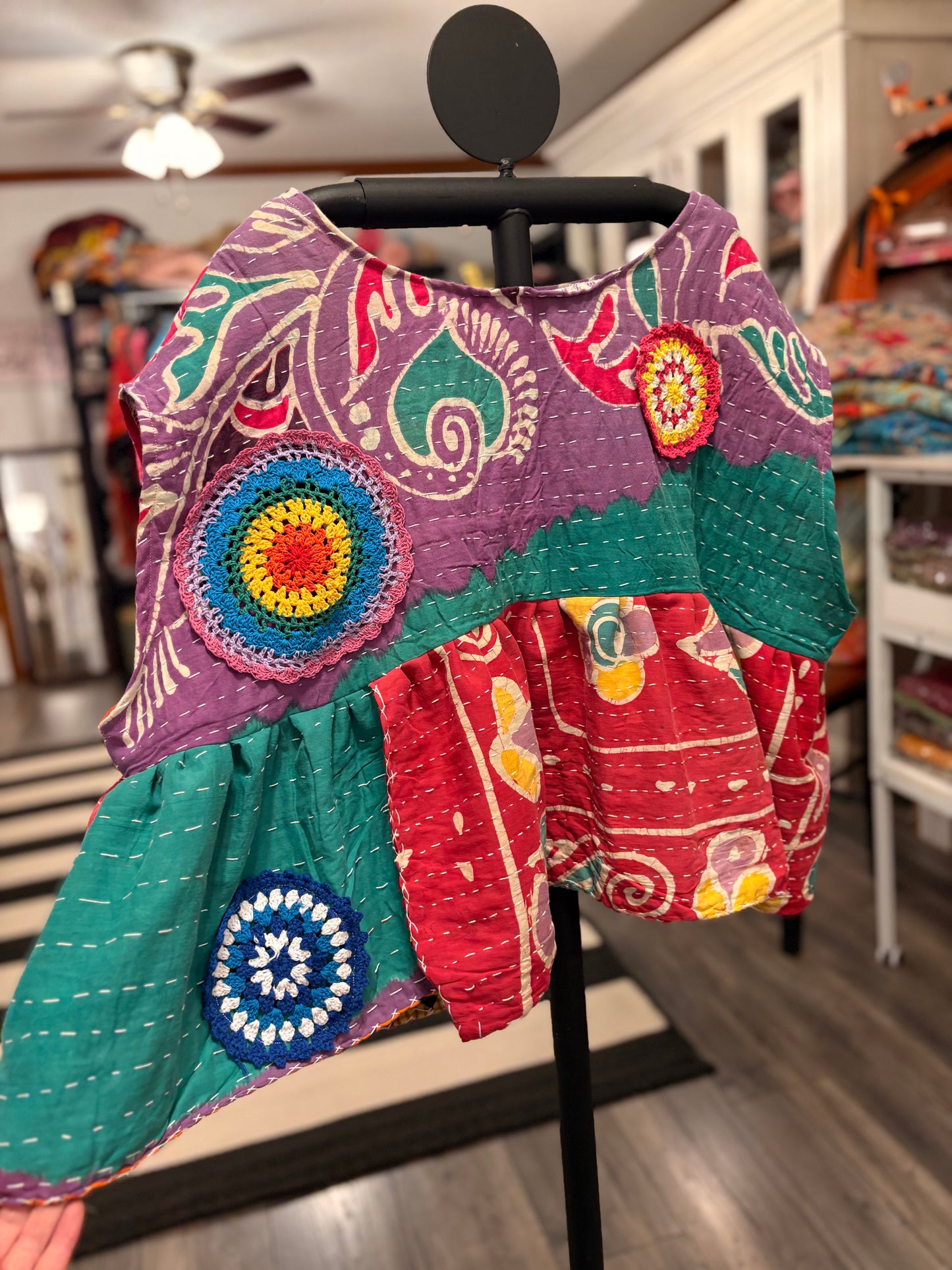 Hannah Vintage Kantha and Crochet Top One Size Fits a Small to XL