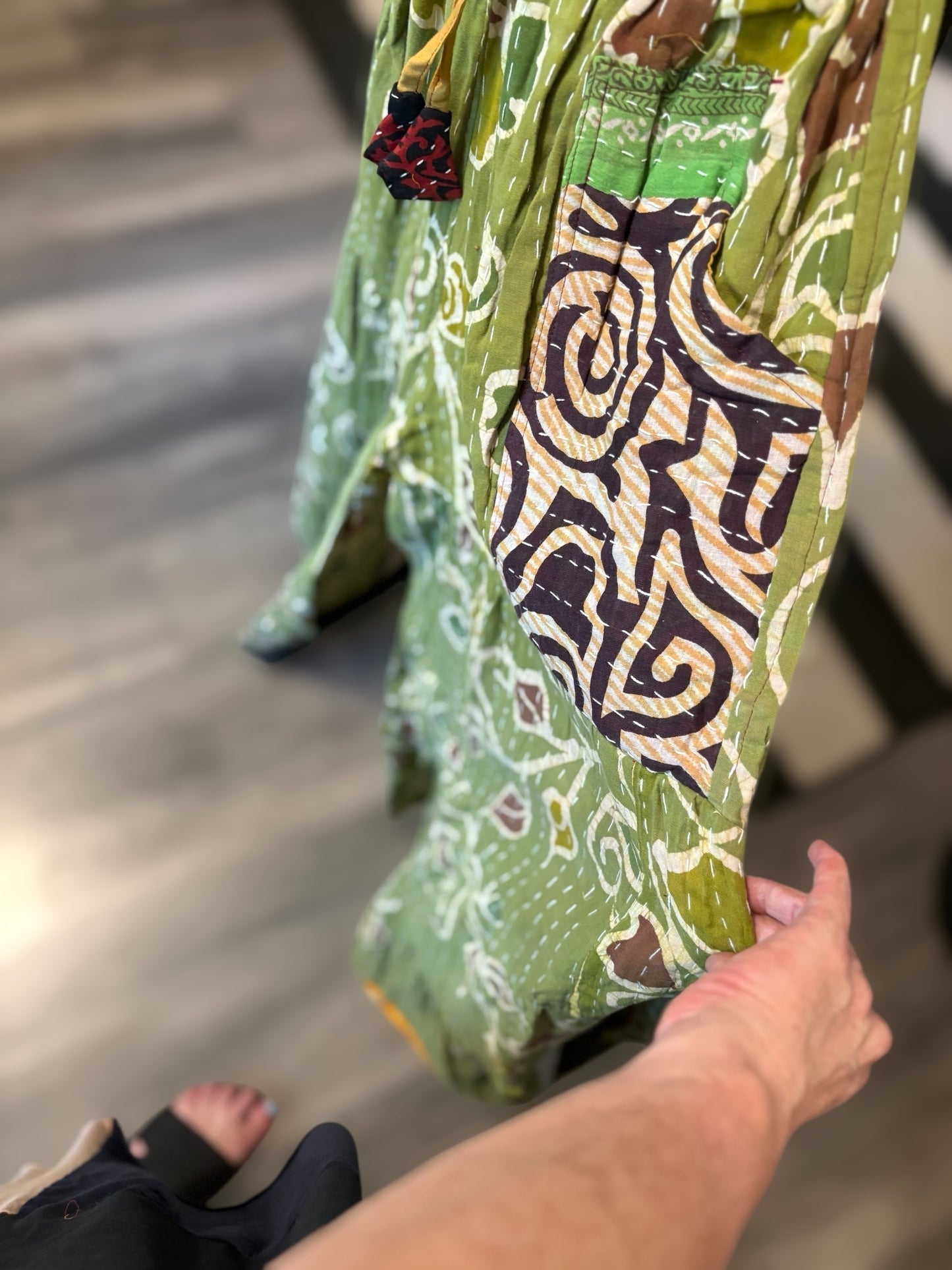 Rayleigh Kantha Flowy Tiered Reversible Palazzo Pant with Pockets: One Size Fits Size 6-16