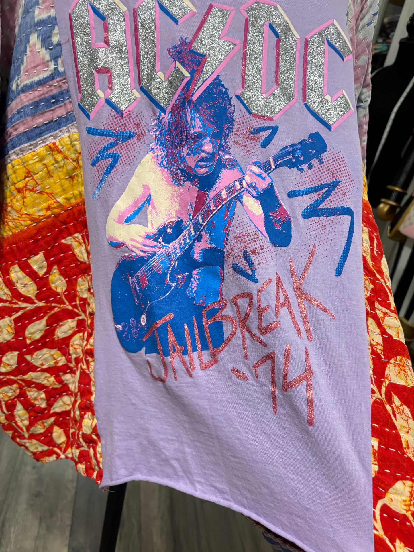 AC/DC Upcycled Kantha Closed Side Poncho Fits a Small to 3X Super Oversized
