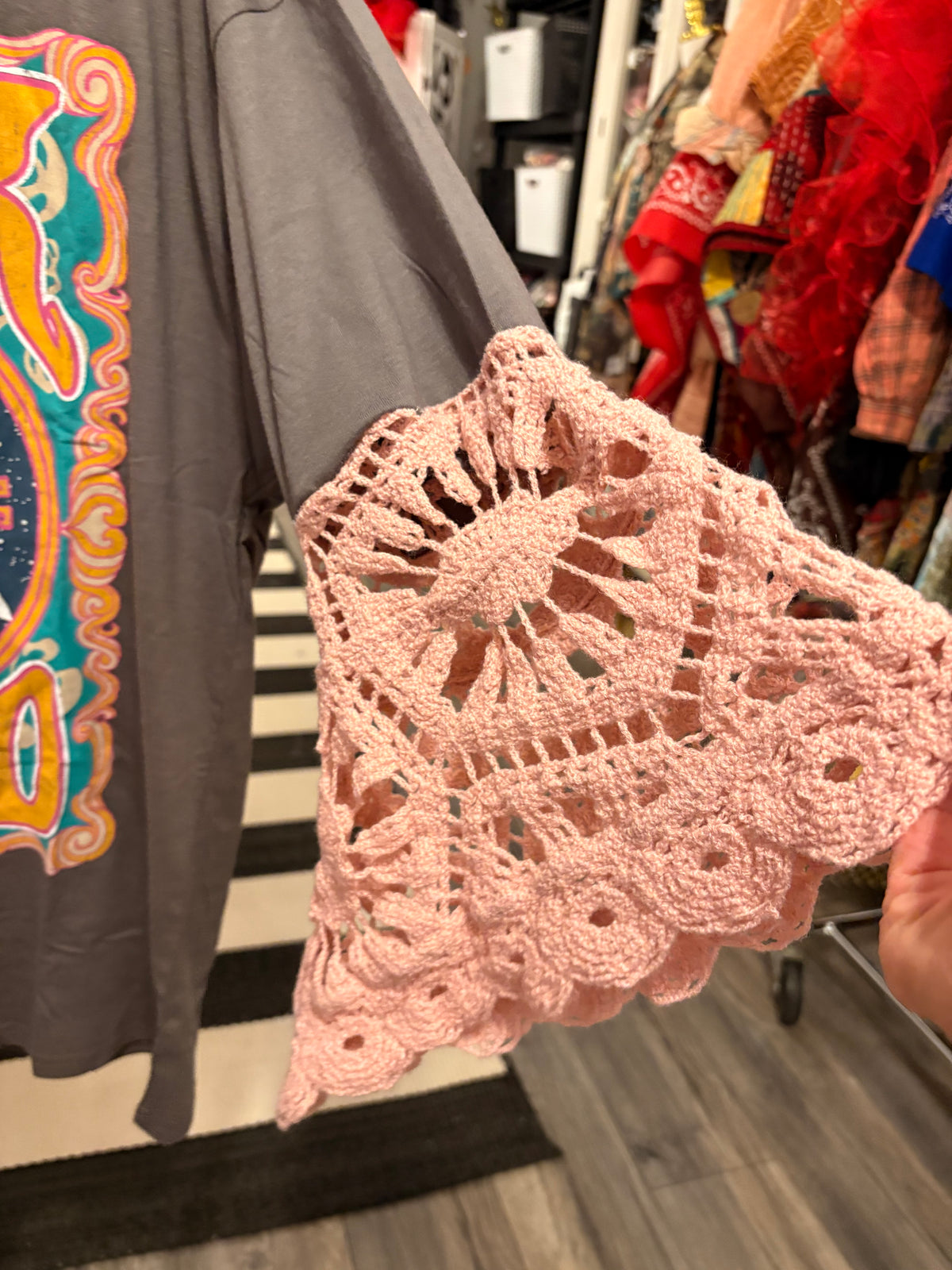 Pink Side of the Moon Glam Crochet Sleeve Tee One Size Fits a Small to XL