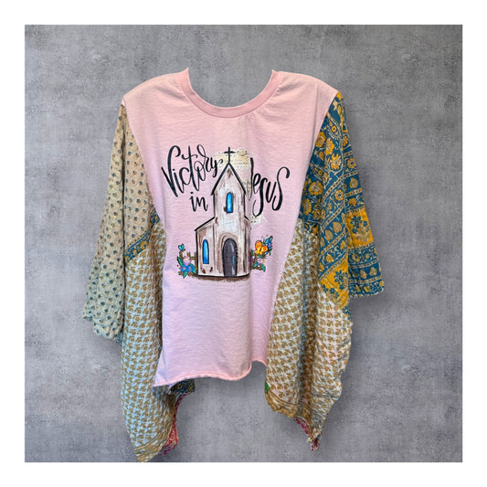 Victory in Jesus Upcycled Vintage Kantha Quilt Poncho Tee One Size Fits a Small to XXL