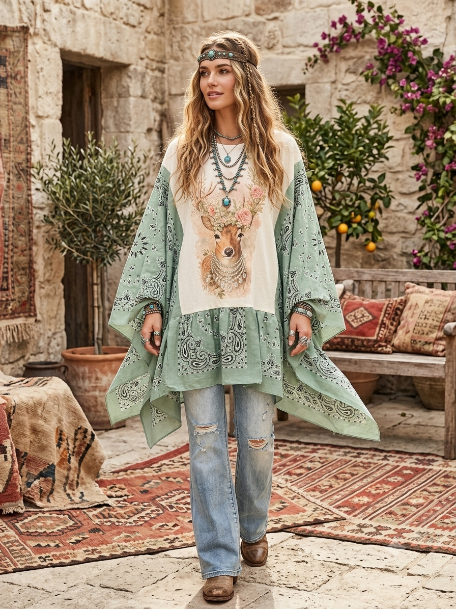 Deer Me Sage Bandana Ruffled Poncho One Size Fits a Small to 3X