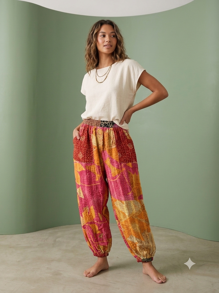 Beatrice Women Vintage Kantha Quilt Cotton Reversible Harem Pant One Size Fits Size 4-16