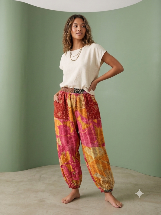 Beatrice Women Vintage Kantha Quilt Cotton Reversible Harem Pant One Size Fits Size 4-16