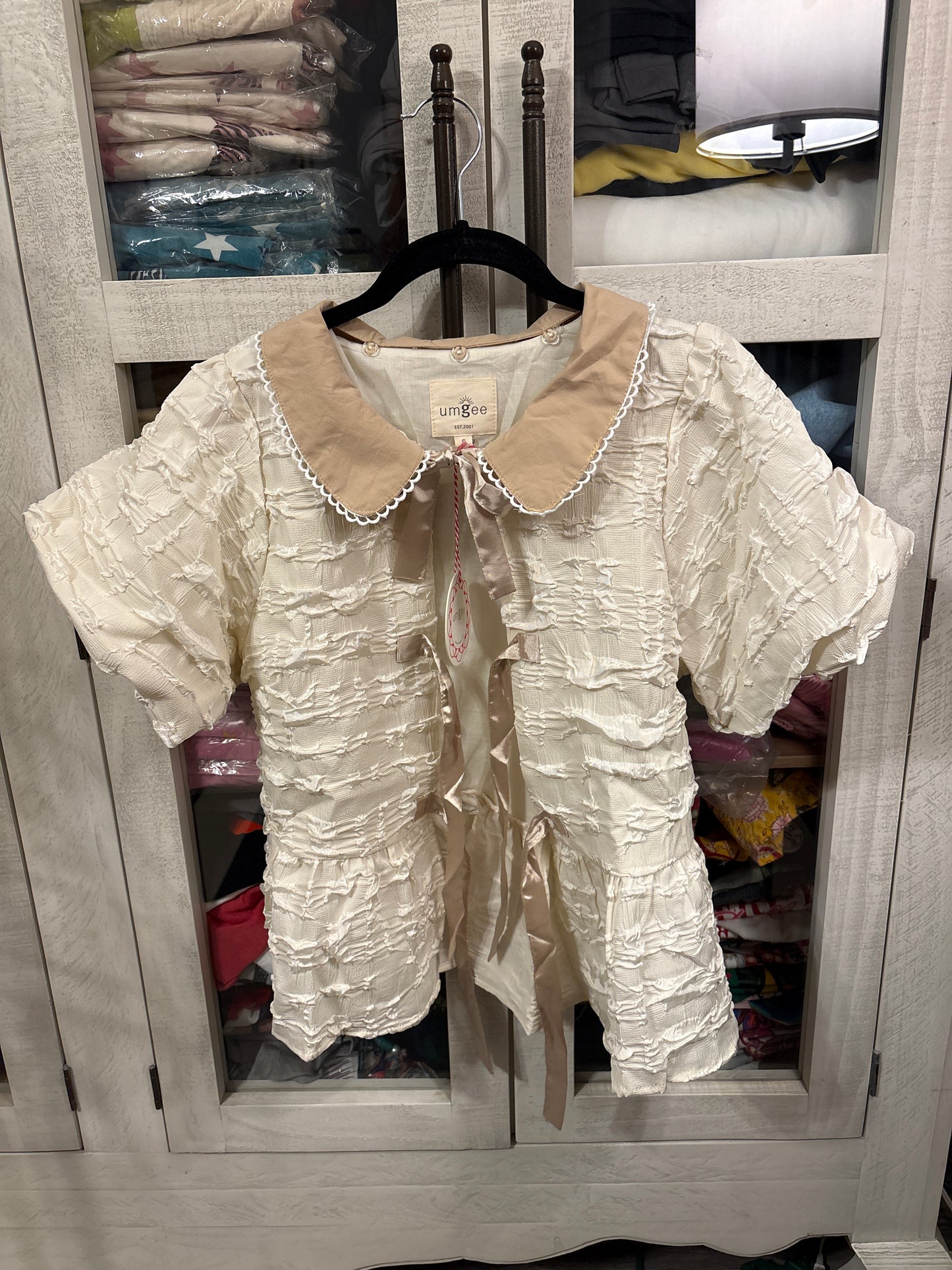 Camille Candlelight Ribbon Front Tie Ruffled Top