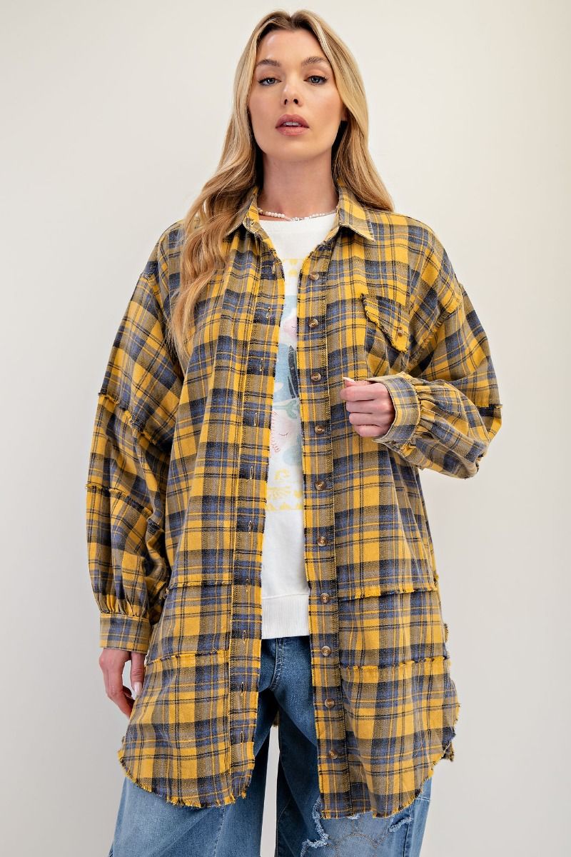 Yellow Plaid Frayed Long Flannel