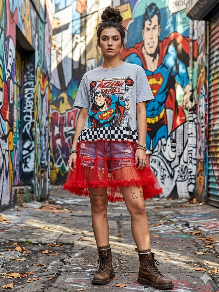 Super Hero Upcycled Rockstar Hi/Lo Top One Size Fits an XS to Medium