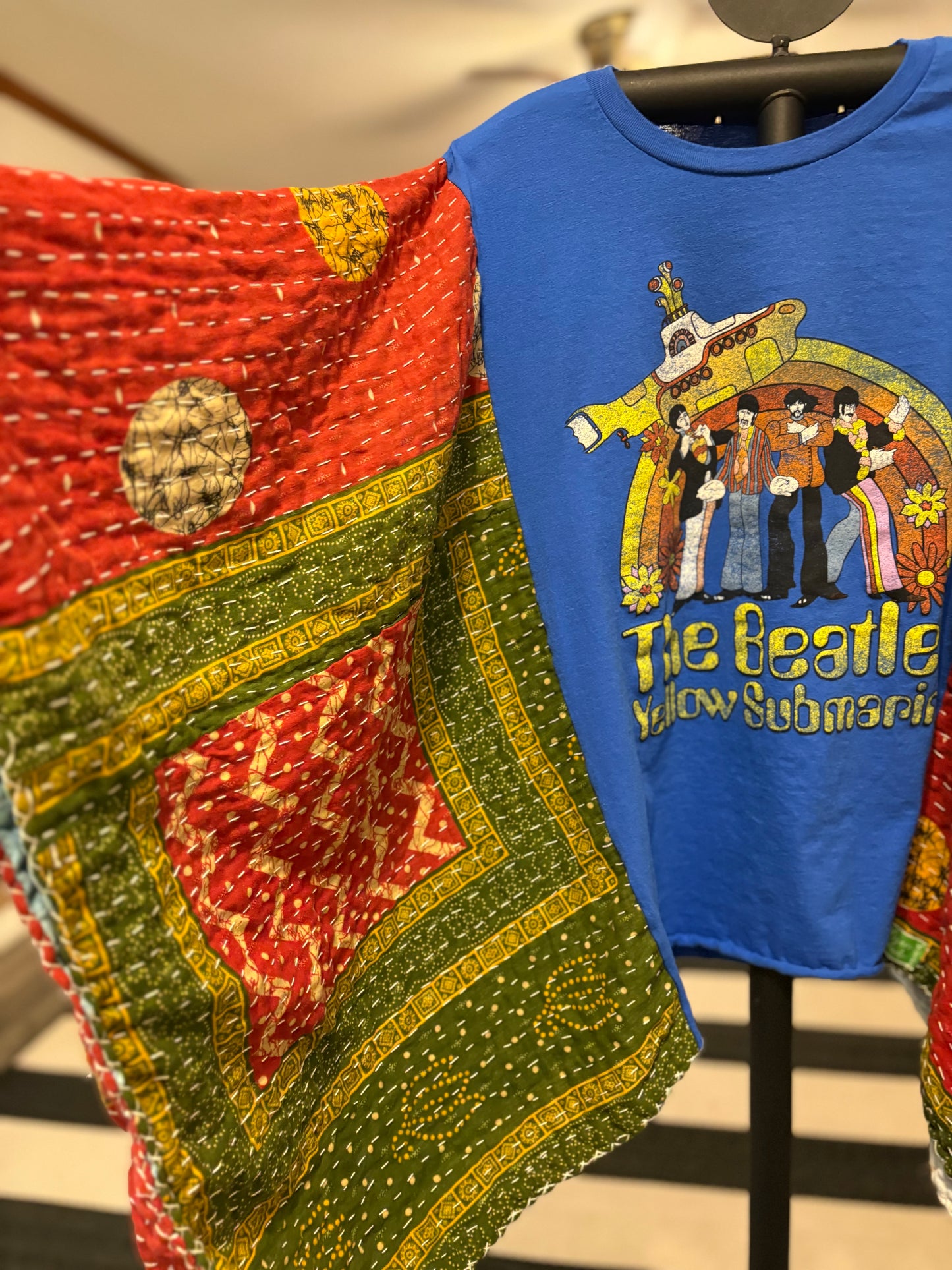 Yellow Submarine Upcycled Vintage Kantha Poncho Tee Fits A Size Small to 3X