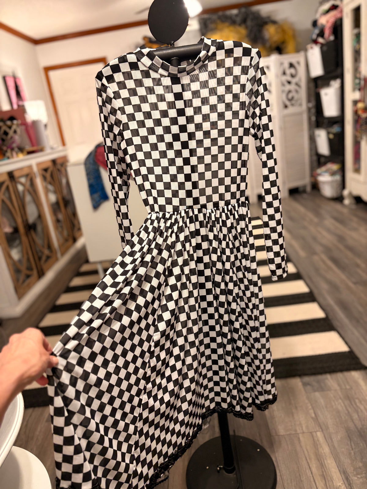 CHECKER PRINT Mesh and Lace Midi DRESS: Black Fits M/L