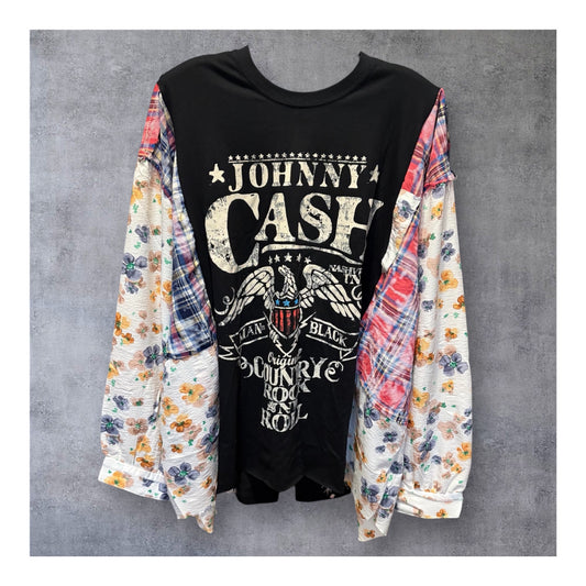 Man in Black Upcycled Frayed Patchwork Tee One Size Fits A Large to 3X Oversized