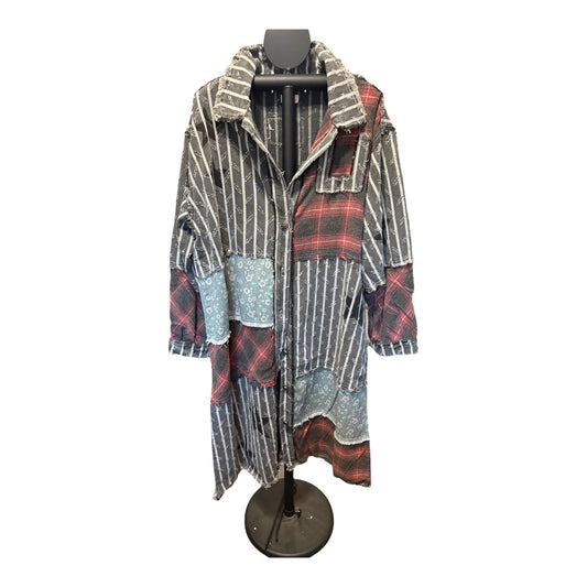 Star patches color block long button down jacket: BLACK STRIPE Large